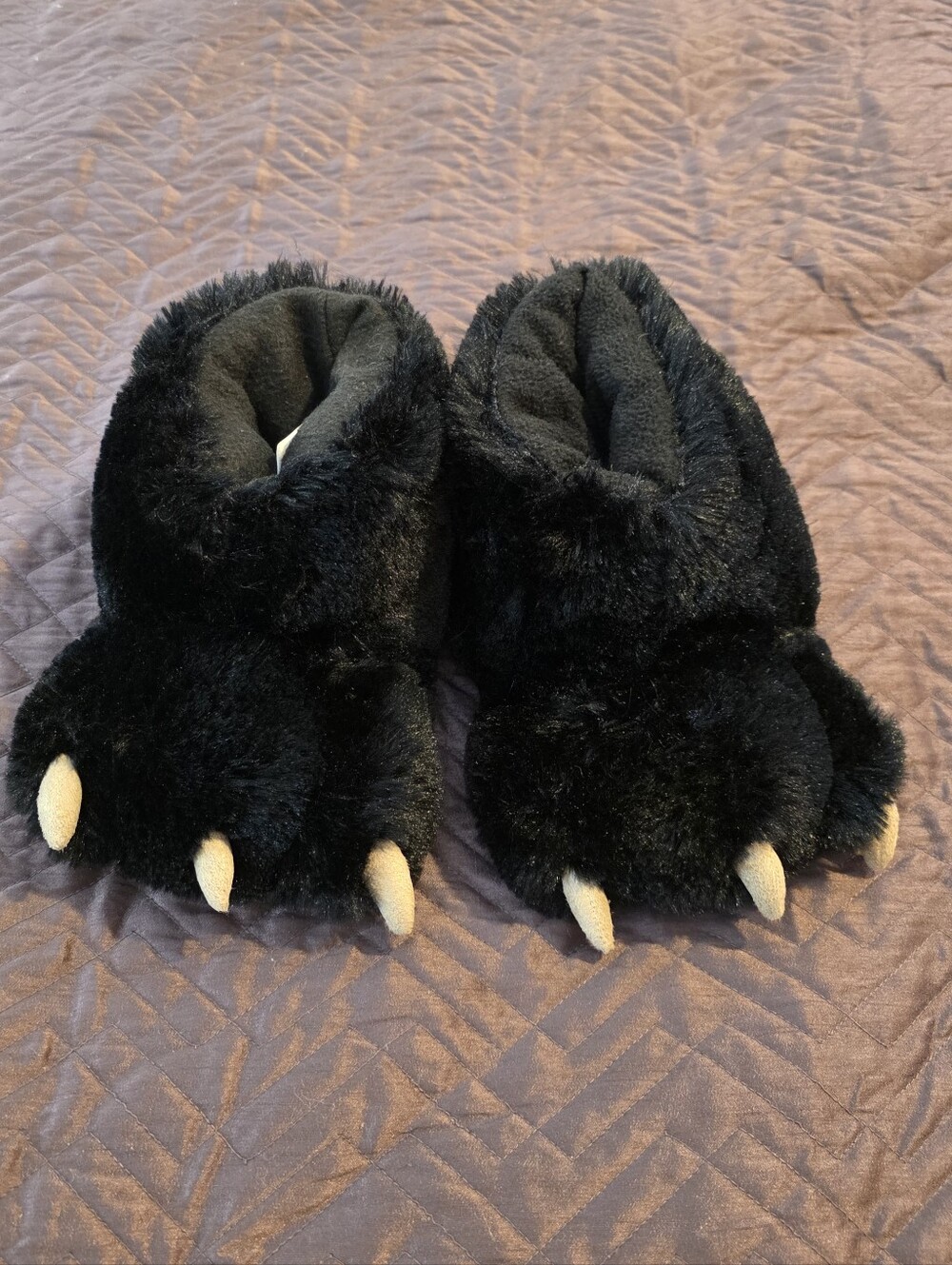 Lazy One Black Plush Bear Paw Kids Slippers with Cream Claws